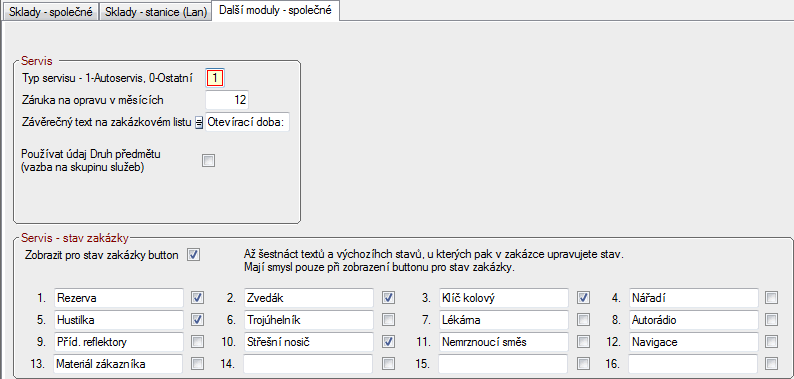 Program autoservis - Nastavení - definice textů pro stav opravovaného předmětu / vozidla