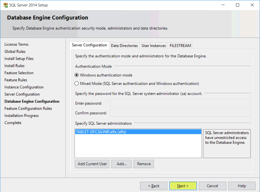 instalace SQL Server 2016