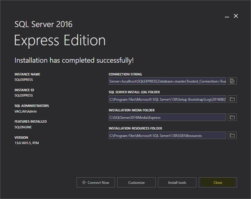 instalace SQL Server 2016