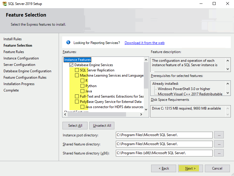 instalace SQL Server 2019